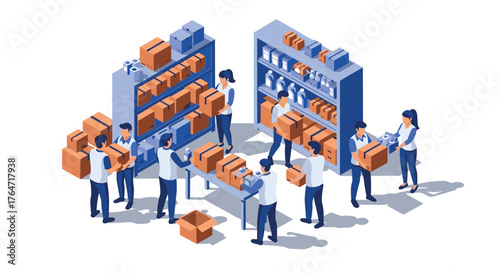 Isometric warehouse team organizing and packing boxes on shelves and tables