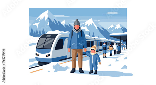 Family enjoying a winter train journey in the snowy mountains
