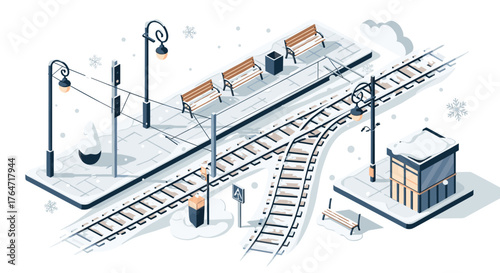 Winter isometric train station with snowy tracks and benches