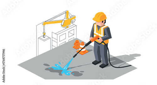 Construction worker using pressure washer on building site in isometric design