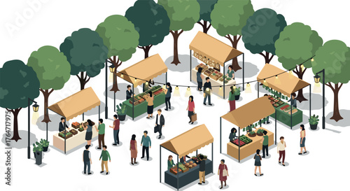 Vibrant farmers market with stalls and shoppers amidst trees