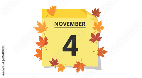 November fourth calendar illustration with autumnal foliage celebrating a specific date and festive seasonal backdrop creating warm welcoming