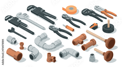 Isometric plumbing tools set with wrenches, pipes, and plungers for construction projects