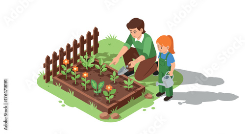 Family gardening fun: father and daughter planting vegetables in isometric garden scene