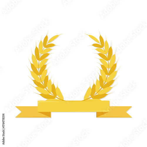 Wheat wreath with ribbon banner. Flat vector illustration. Farm, harvest, agriculture, food branding, packaging, quality mark, emblem, symbol with place for text.