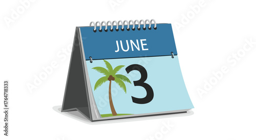 A calendar illustration representing june 3rd, featuring a palm tree graphic hinting at summer vacation scheduling and tropical getaway planning