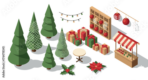 Festive christmas decorations with trees, gifts, and market stand in isometric winter scene