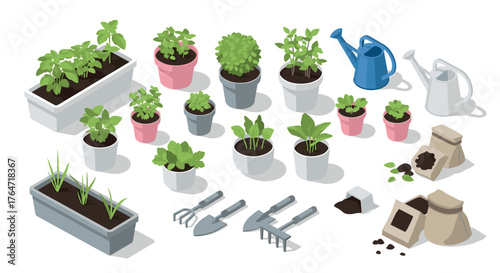 Isometric indoor gardening setup with herbs, tools, and planters