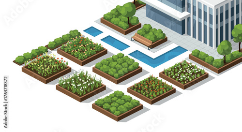 Modern isometric urban garden with planter boxes and pool near office building