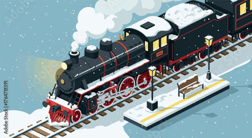 Vintage steam train on snowy tracks in isometric winter scene