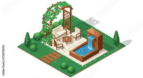 Tranquil garden retreat with water feature and seating area in isometric design