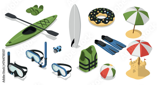 Beach activities collection: kayak, surfboard, snorkeling gear, and more in isometric style