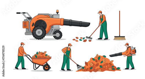 Leaf cleaners using blowers and rakes in autumn garden workwear