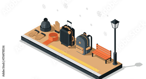 Isometric winter travel essentials: bench, luggage, and accessories on snowy platform