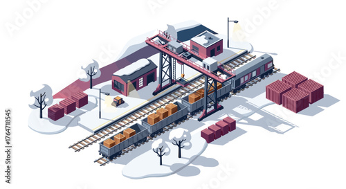 Isometric winter train station with cargo and snowy landscape
