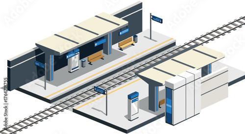 Modern isometric train station platform with minimalist design elements