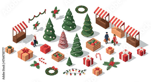 Holiday market isometric design with festive decorations and shoppers