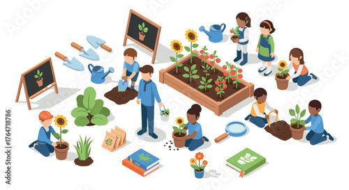 Isometric community gardening with children and adults in an educational setting