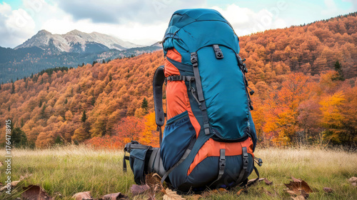 Loaded backpack rests on rugged sunrise-lit mountain trail. Waterproof fabric and compression straps highlight both function and design.