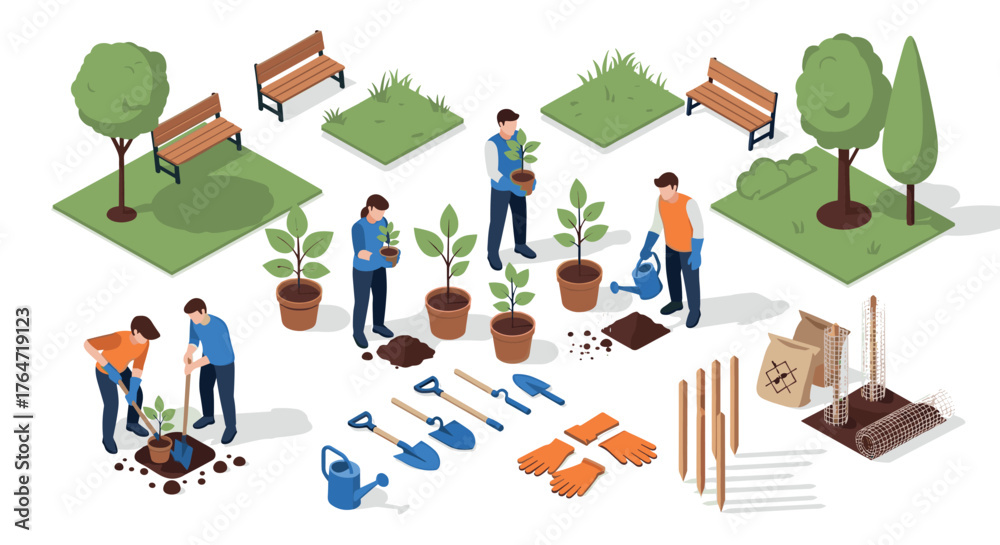 Fototapeta premium Community gardening scene with planting tools and young trees in isometric style