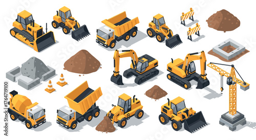 Isometric construction vehicles and equipment set with diggers and cranes