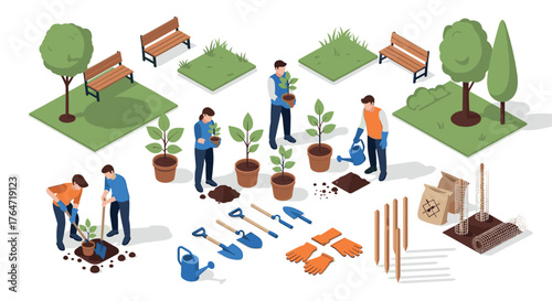 Community gardening scene with planting tools and young trees in isometric style