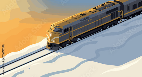 Golden train gliding through snowy landscape in flat style at sunset