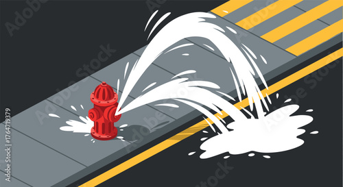 Vibrant red fire hydrant splashing water on urban sidewalk