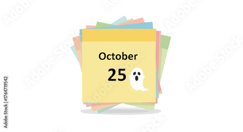 Whimsical calendar icon marking october 25th with a ghostly apparition for themed planning reminder design illustration