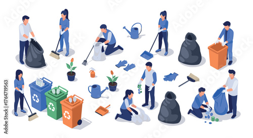 Isometric teamwork: people cleaning, recycling, and gardening activities