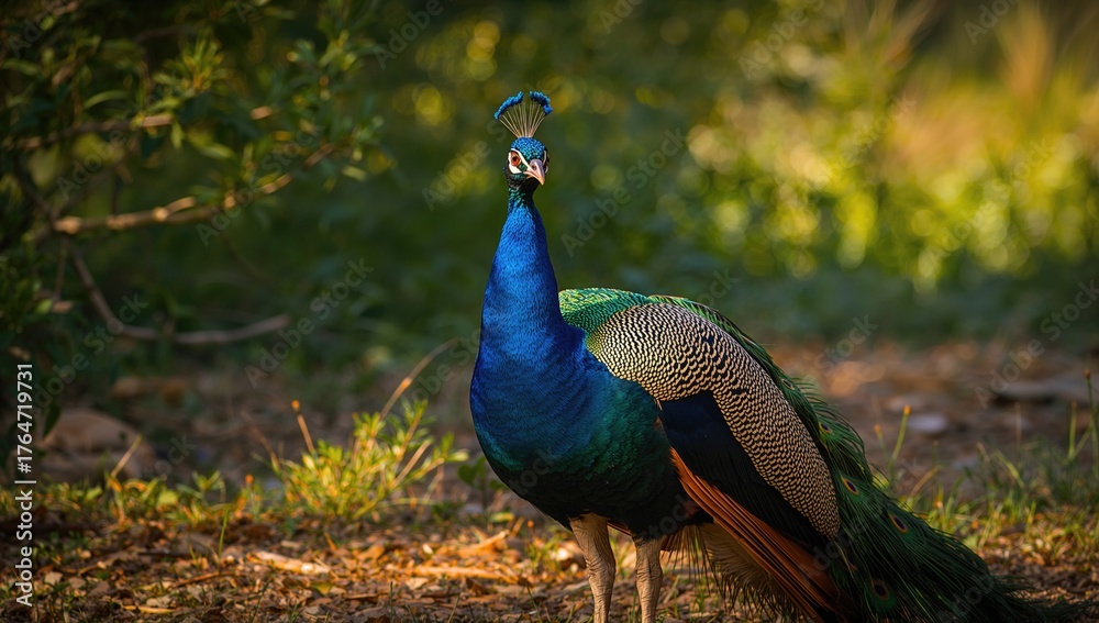 Fototapeta premium Vibrant and balanced male peacock basking in sunlight