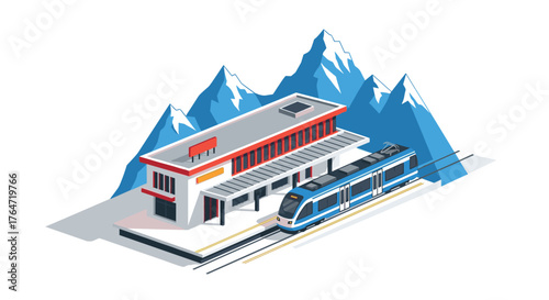 Isometric mountain train station with snowy peaks and blue train