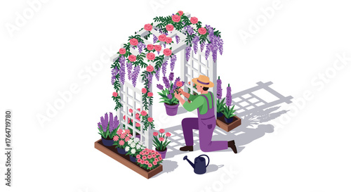 Gardener arranging flowers on garden arch in colorful isometric design