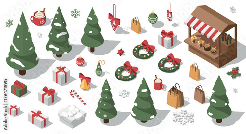 Festive winter scene with christmas trees, gifts, and a holiday market stall in isometric style