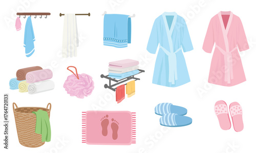 Bathroom essentials clipart set in cartoon flat design. Bathroom accessories vector set includes towels, bathrobes, slippers, and laundry basket, sponge, towel rack, rug, towel hanger. Bathing items.