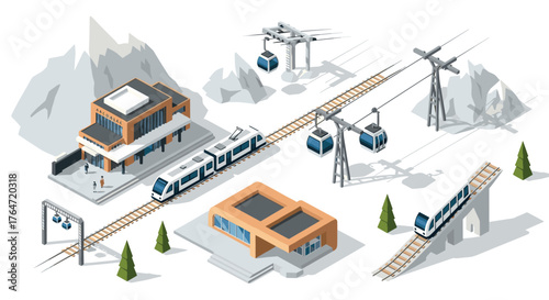 Modern isometric winter mountain railway with cable cars and stations
