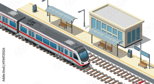 Modern isometric railway station with train and platforms