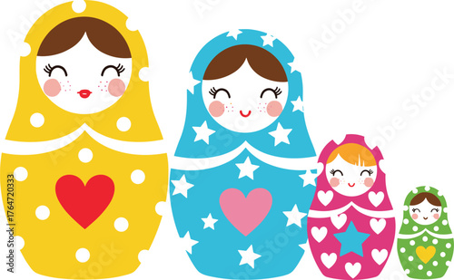 Cute Matryoshka Russian Nesting Dolls Vector Illustration Set
