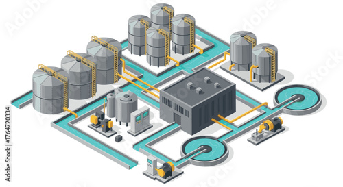Isometric industrial water treatment plant with tanks and pipelines