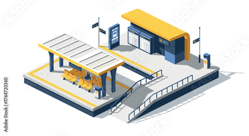 Modern isometric train station design with platform and waiting area