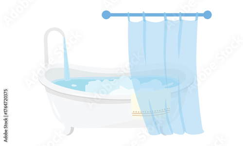 Bathtub vector. Bathroom equipment and accessories clipart. Flat vector in cartoon style isolated on white background. Bathtub with curtain.