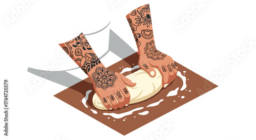 Tattooed hands kneading dough on brown surface in isometric style