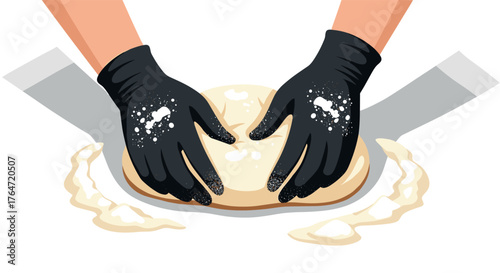 Hands kneading dough with black gloves: baking concept in flat design