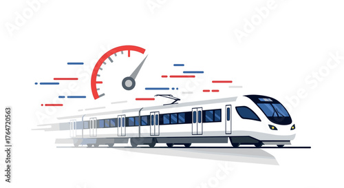 High-speed train with speedometer graphic and motion lines