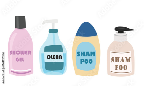 Toiletries set in cartoon style. Showel gel, shampoo bottle or liquid soap bottle in flat design. Bathroom accessories.