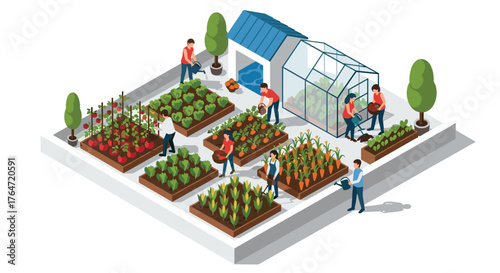 Community garden with greenhouse and people working in an isometric urban farm