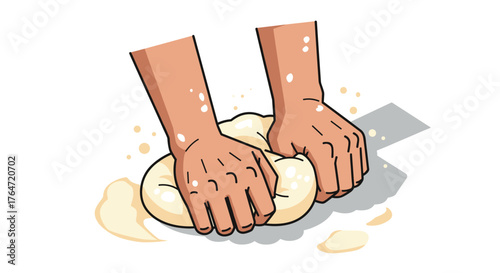 Cartoon hands kneading dough with flour