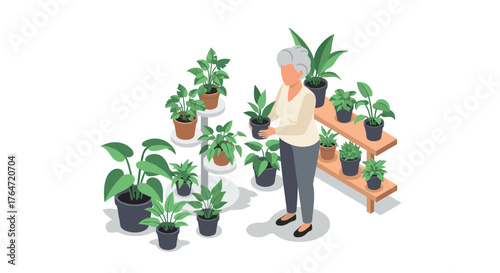 Elderly woman tending to indoor potted plants in an isometric garden setting