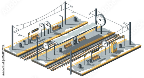 Isometric railway station platform with benches and clocks