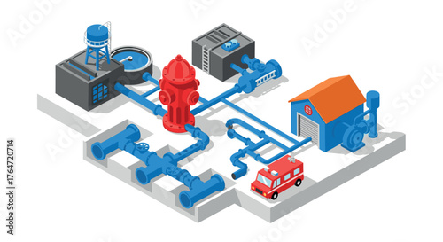 Urban water supply system isometric diagram with hydrant and infrastructure elements